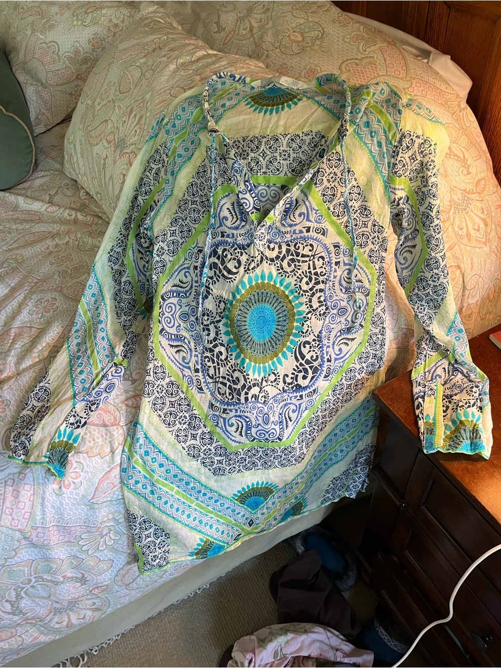 Athleta Blue Teal and Green Printed V-Neck Tunic cover